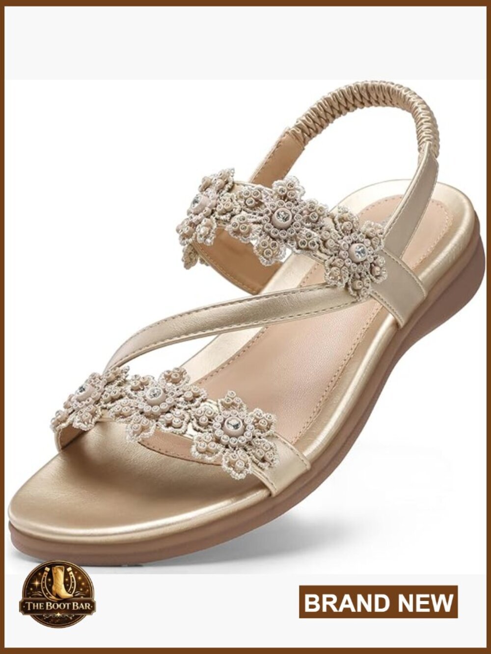 Dressy Flat Sandals with Ankle Strap Rhinestone Flower Comfort Casual Summer
